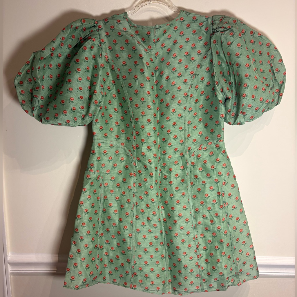Lovaan Nwt Adeline Mini Puff Sleeve Linen Silk Dress In Green Rosette Size 10 — image 7 of 8